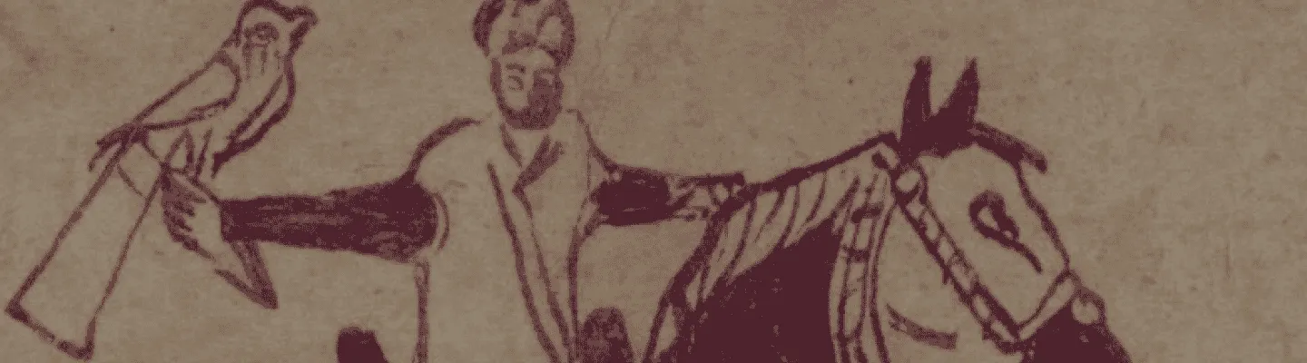 Ancient Arab illustration of a falconer on horseback holding a falcon, representing the Middle Eastern heritage of falconry